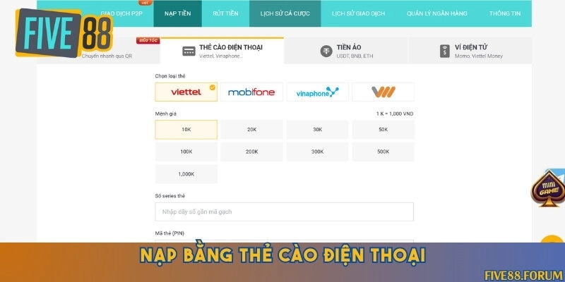 Hỗ trợ nạp tiền qua nhiều loại thẻ cào thông dụng tại Việt Nam